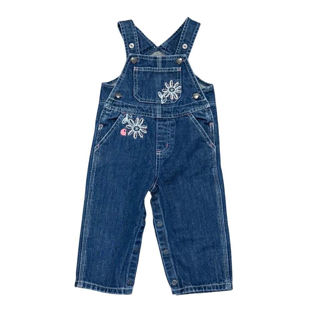 Carhartt Infant Girls Denim Overalls 12M Blue Floral Embroidered Heart Buttons